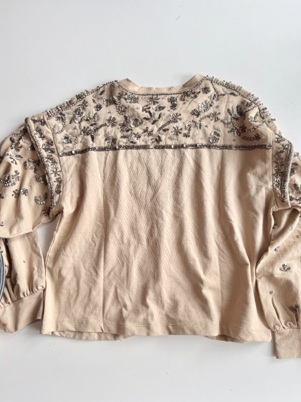 Anthropologie PILCRO Beige Beaded Sequin 100% Cotton Terry Sweatshirt, Size M - Picture 12 of 16